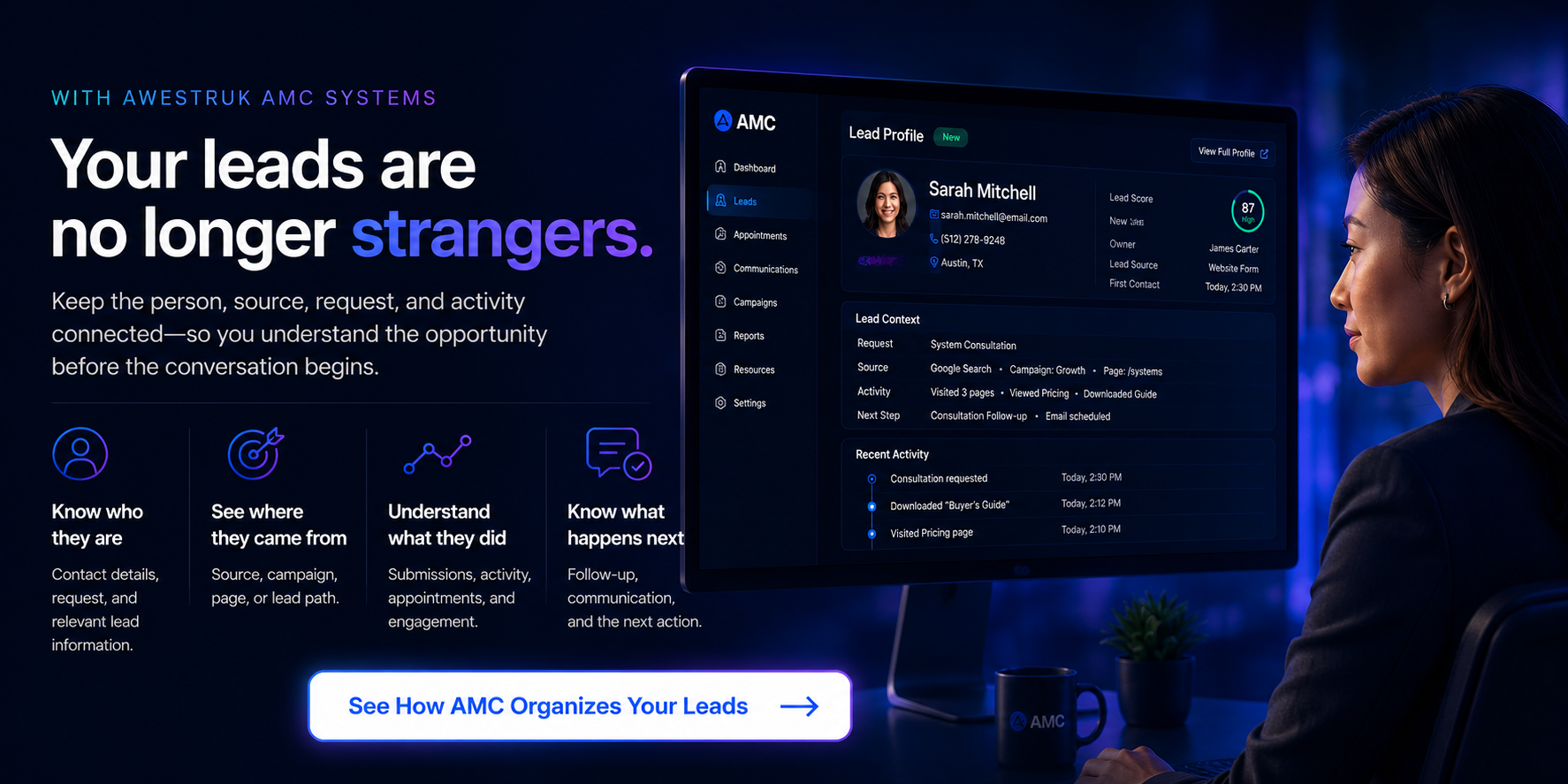 With Awestruk AMC Systems, your leads are no longer strangers. See who they are, where they came from, what they requested, and what should happen next.